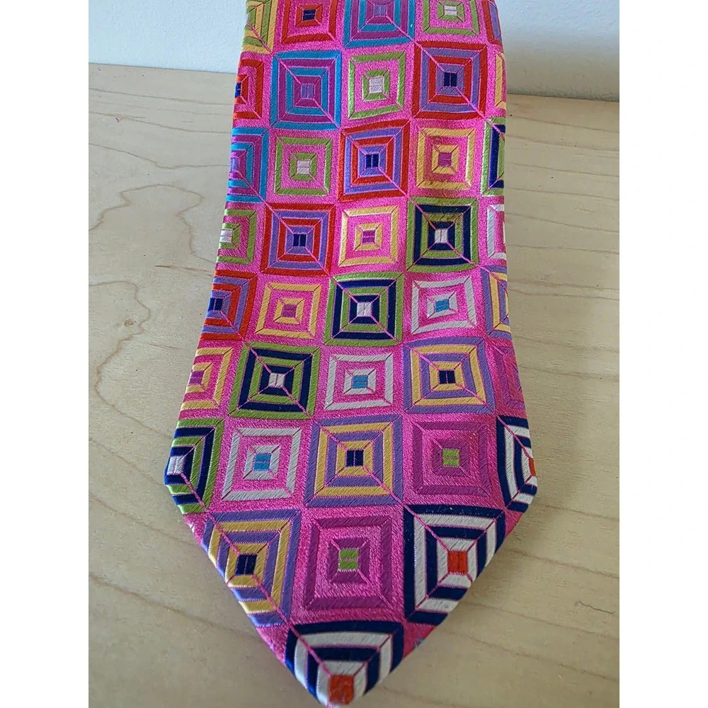 Handmade in England Silk Tie Pink Geometric Concentric Square Embroidered Mens